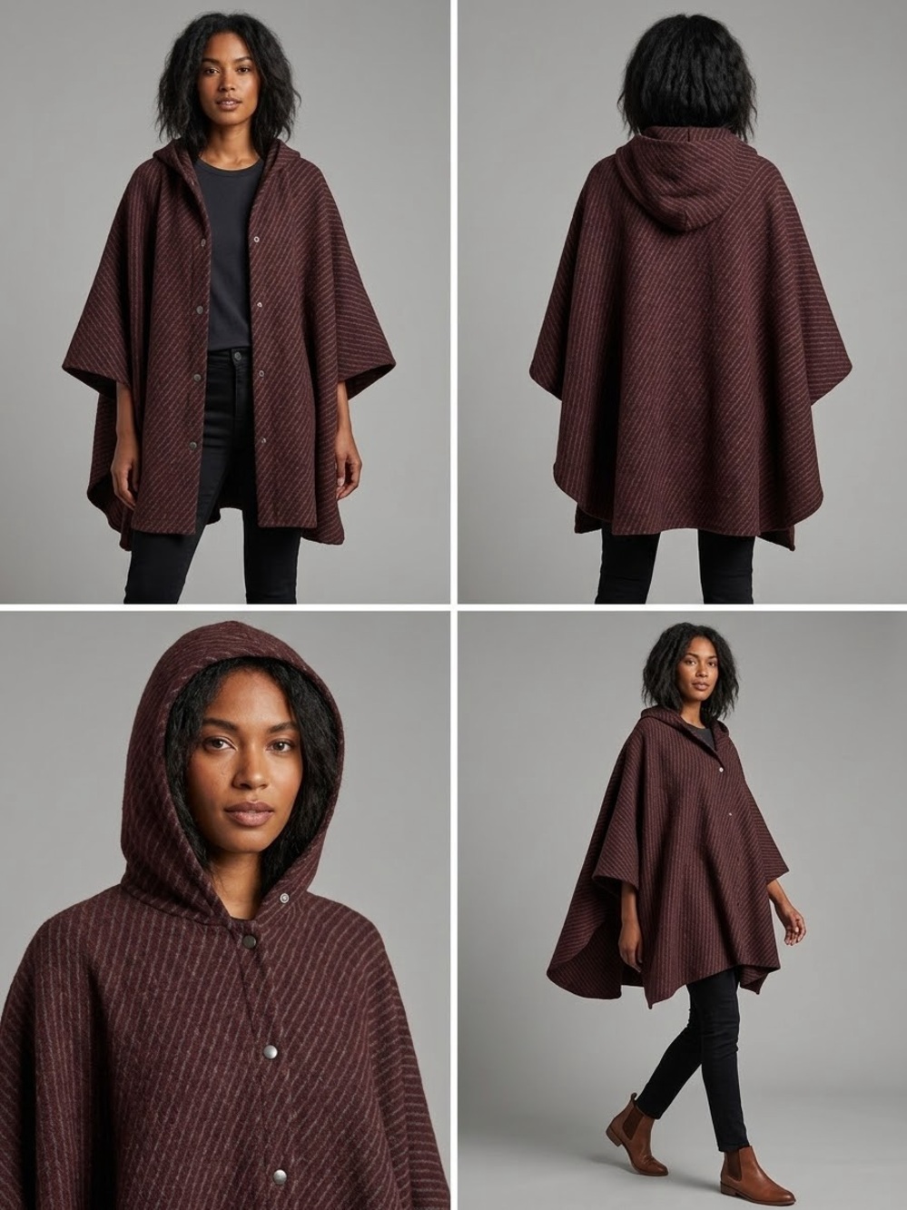 Hooded Swing Poncho Sweater - Burgundy
